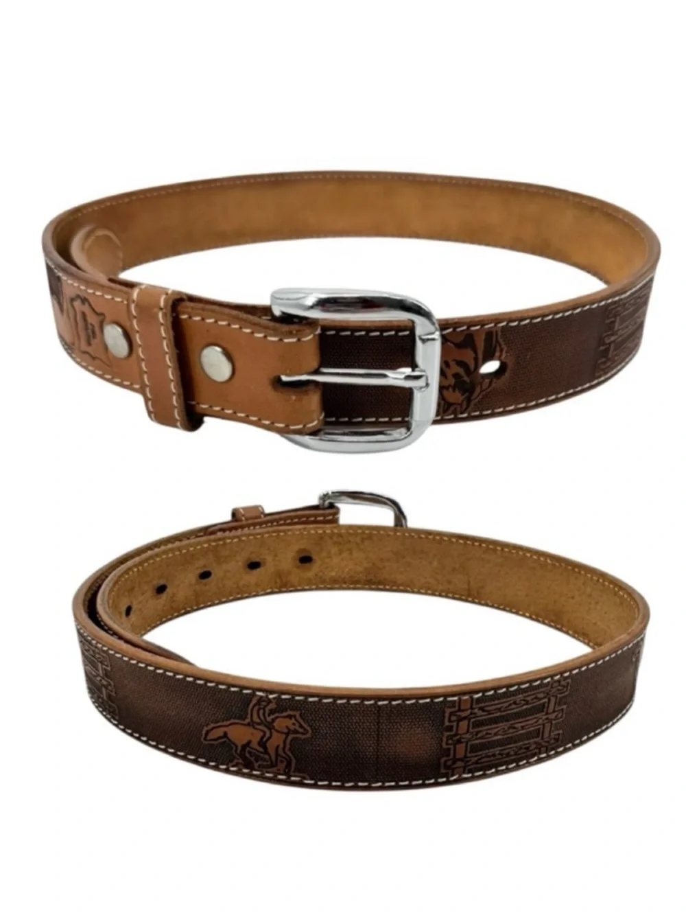Vintage Western Boho Leather Belt with Stitched Detailing Brown Tan